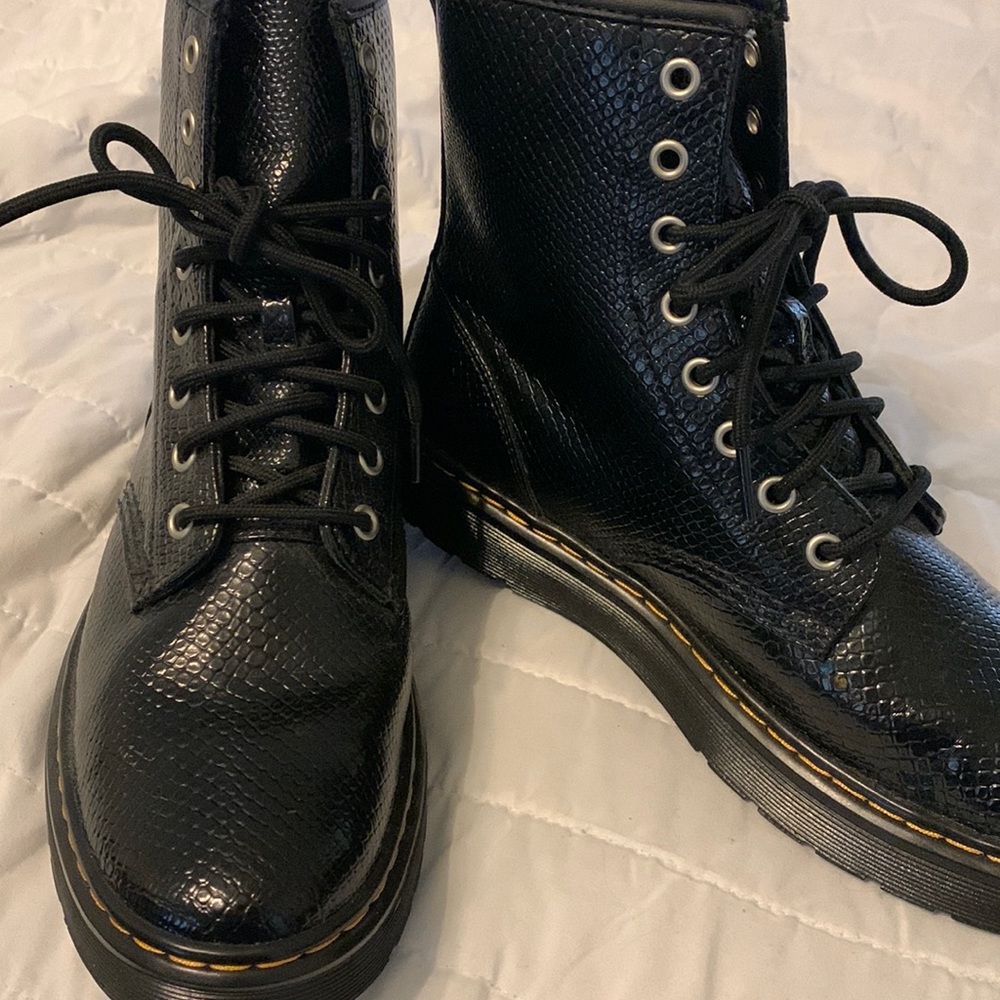 Martens , black patent leather with multi color shine with snake print